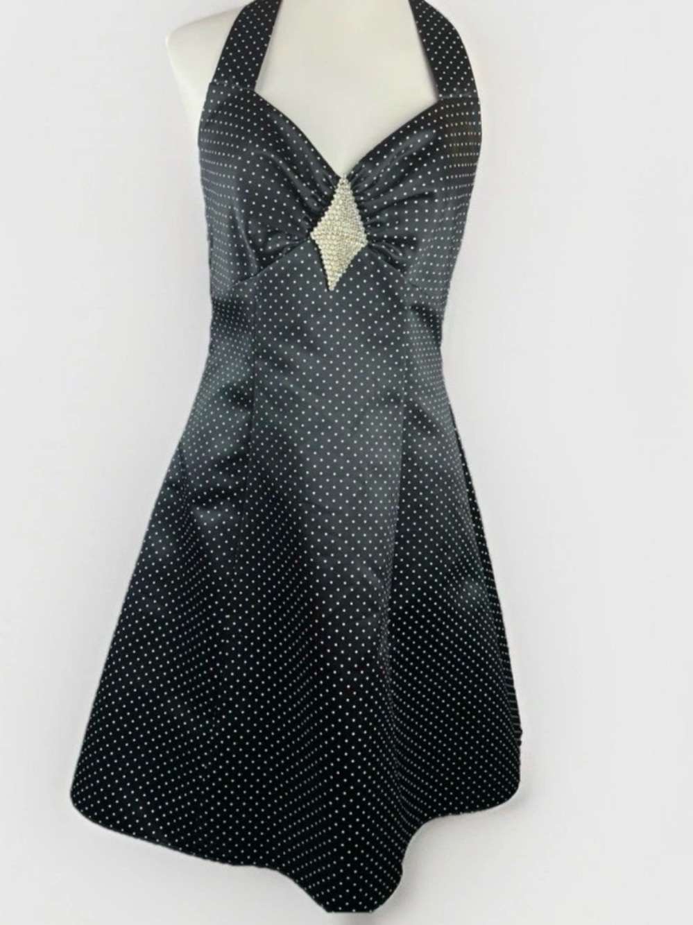 Blondie Nites Black and White Polka Dot Halter Cocktail Dress Vintage